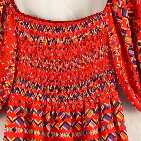 A. Calin By Flying Tomato Bohemian Smocked Tiered Bubble Puff Sleeve Dress Large - Picture 7 of 16